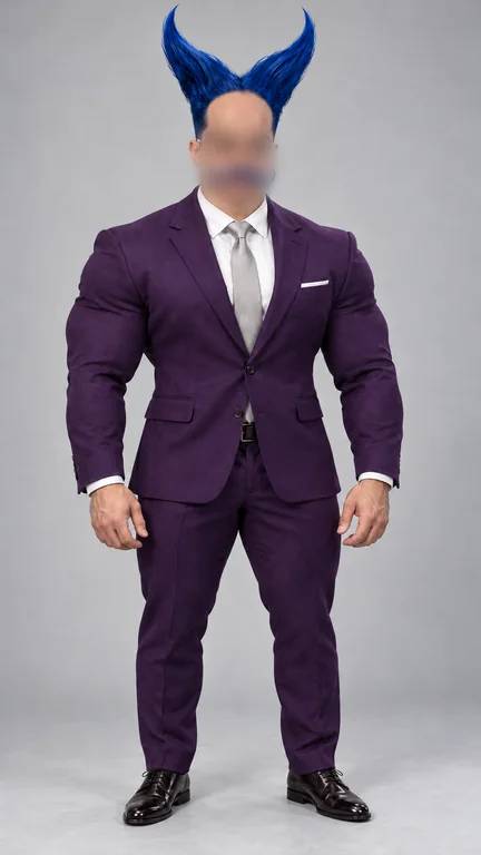 O mesmo influencer em pé, de terno roxo, com o rosto borrado
