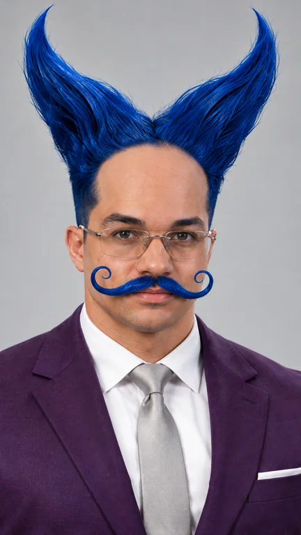 Rosto do influencer de IA: cabelo azul em duas pontas, testa alta, óculos e bigode azul enrolado